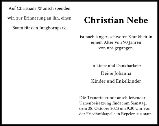 Traueranzeige von Christian Nebe von Rheinische Post