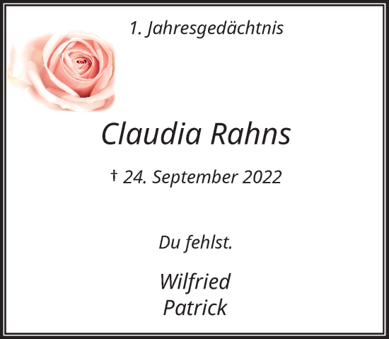 Traueranzeige von Claudia Rahns von Rheinische Post