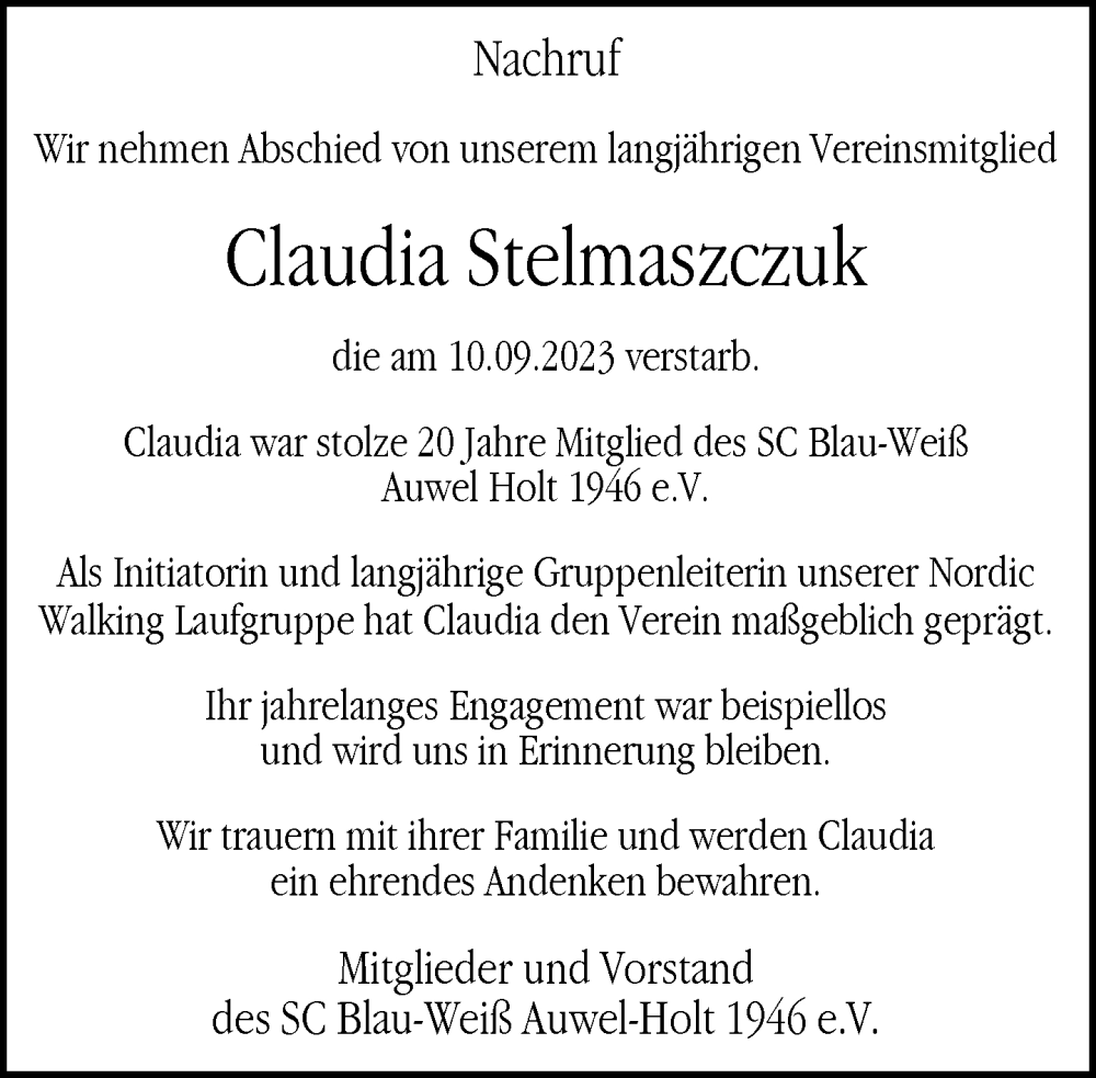  Traueranzeige für Claudia Stelmaszczuk vom 16.09.2023 aus Rheinische Post
