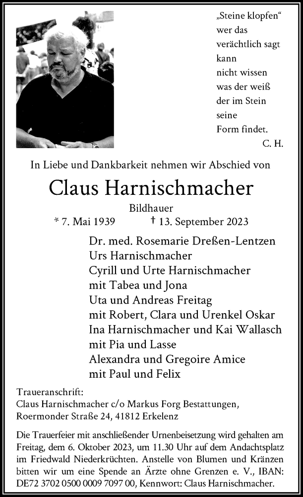  Traueranzeige für Claus Harnischmacher vom 23.09.2023 aus Rheinische Post