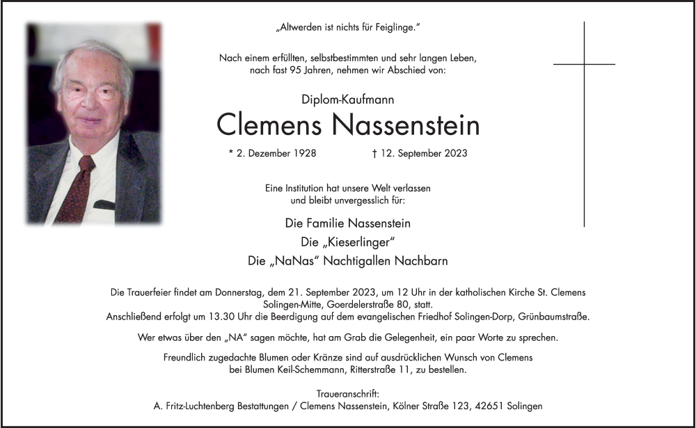  Traueranzeige für Clemens Nassenstein vom 16.09.2023 aus Rheinische Post