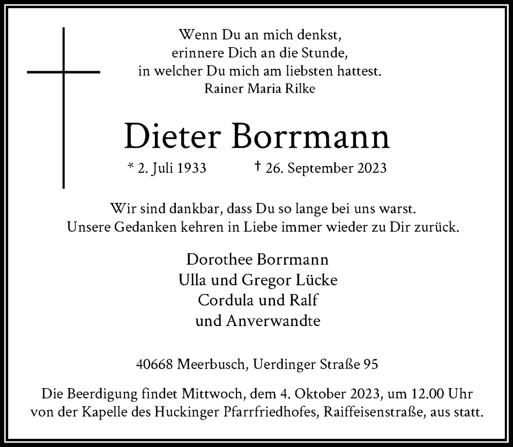  Traueranzeige für Dieter Borrmann vom 30.09.2023 aus Rheinische Post