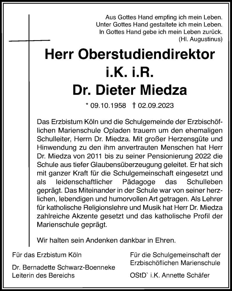  Traueranzeige für Dieter Miedza vom 09.09.2023 aus Rheinische Post