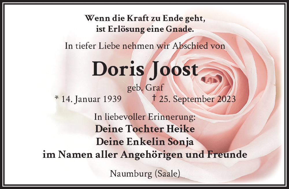  Traueranzeige für Doris Joost vom 30.09.2023 aus Rheinische Post