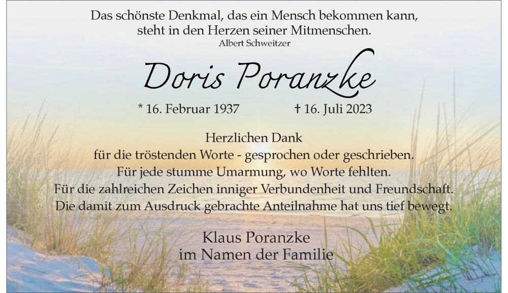  Traueranzeige für Doris Poranzke vom 09.09.2023 aus Rheinische Post