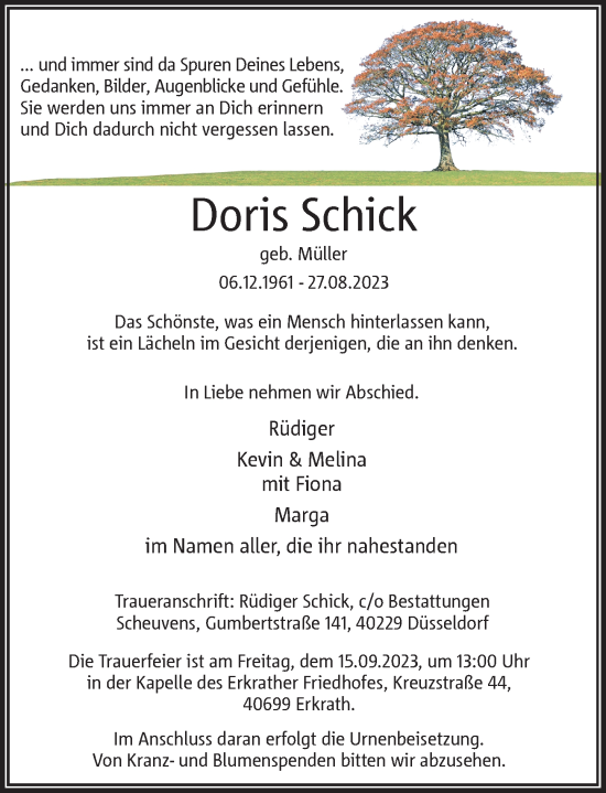 Traueranzeige von Doris Schick von Rheinische Post