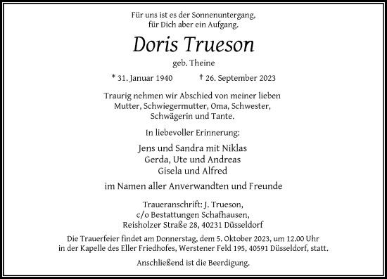 Traueranzeige von Doris Trueson von Rheinische Post