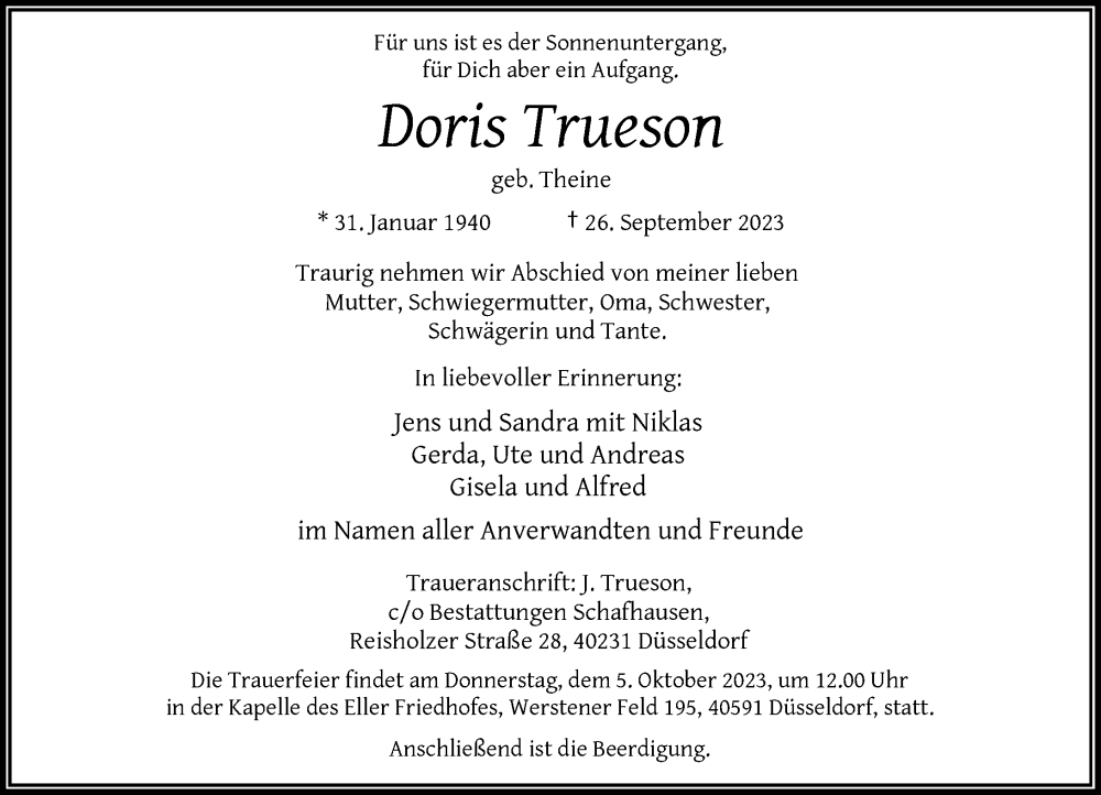 Traueranzeige für Doris Trueson vom 30.09.2023 aus Rheinische Post
