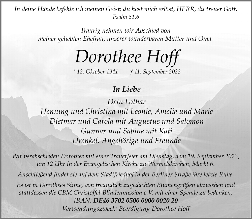  Traueranzeige für Dorothee Hoff vom 13.09.2023 aus Rheinische Post