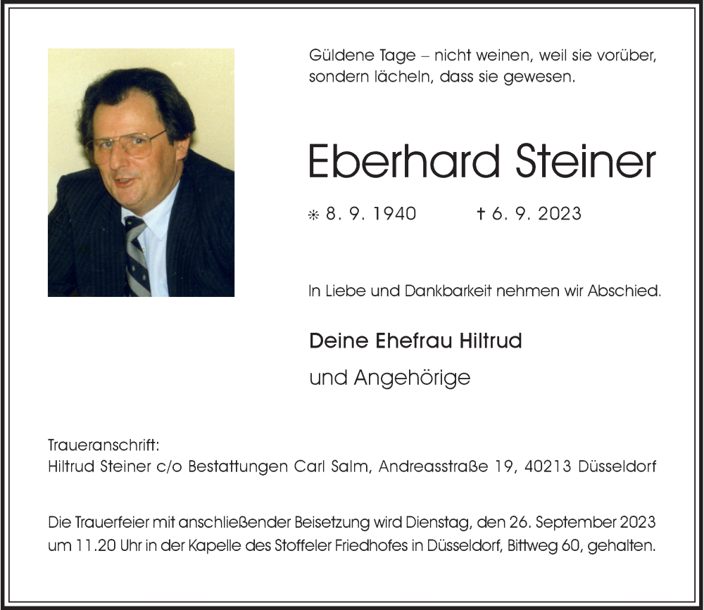  Traueranzeige für Eberhard Steiner vom 16.09.2023 aus Rheinische Post