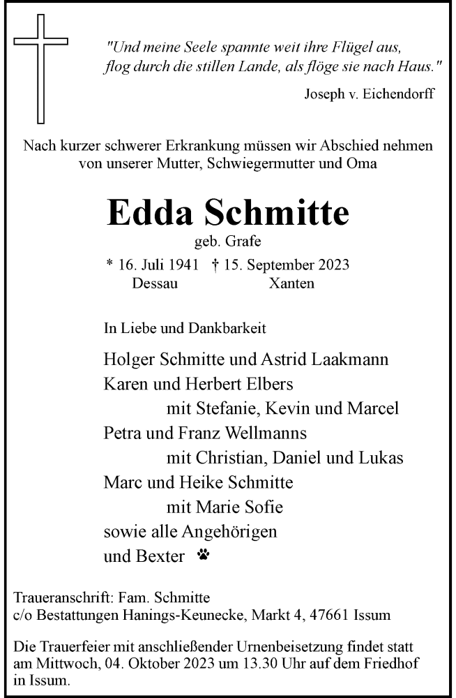  Traueranzeige für Edda Schmitte vom 21.09.2023 aus Rheinische Post
