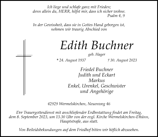 Traueranzeige von Edith Buchner von Rheinische Post