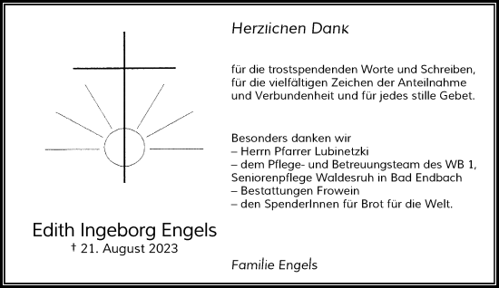 Traueranzeige von Edith Ingeborg Engels von Rheinische Post