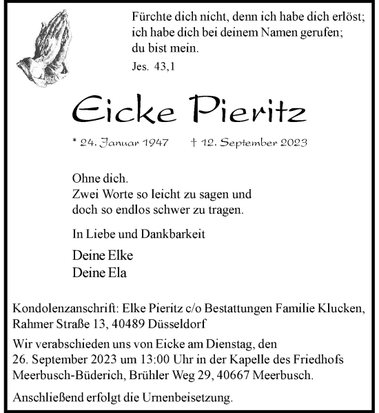 Traueranzeige von Eicke Pieritz von Rheinische Post
