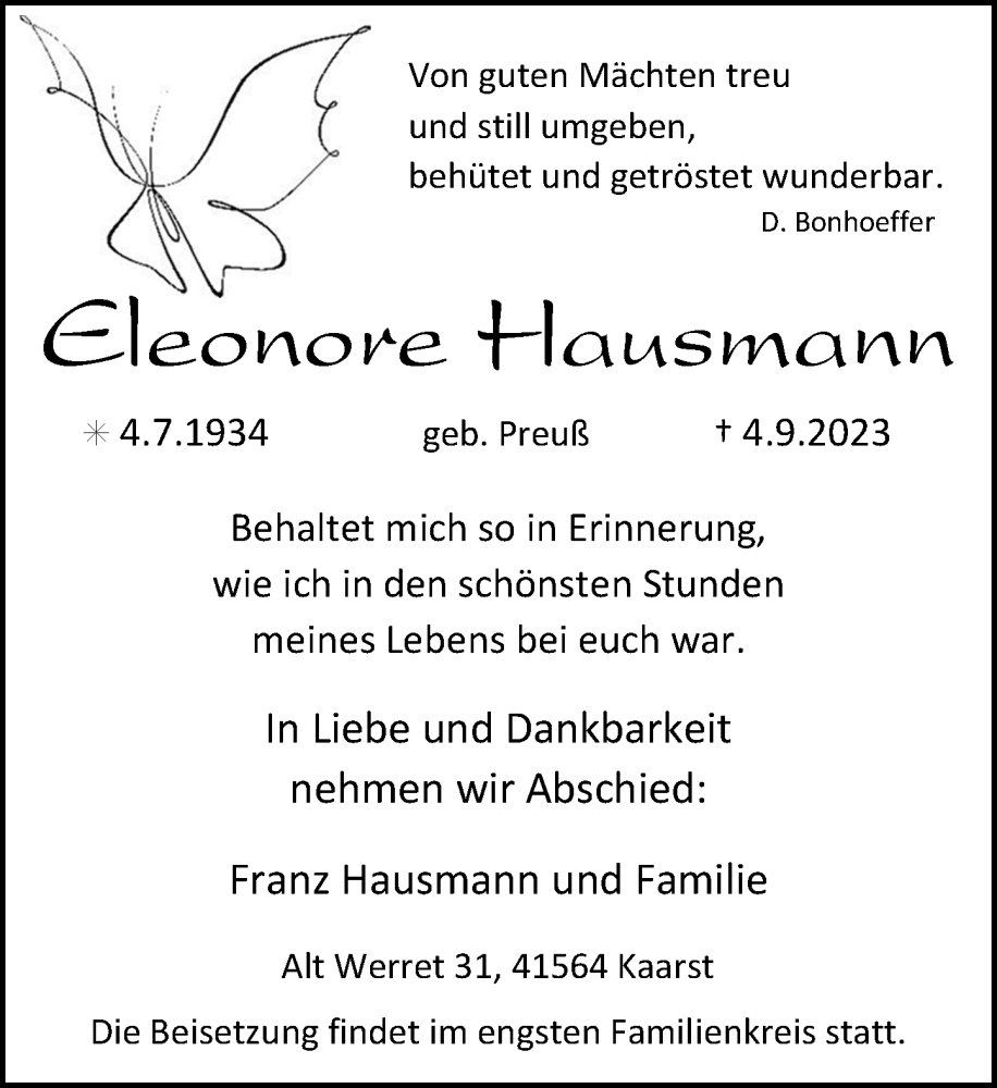  Traueranzeige für Eleonore Hausmann vom 09.09.2023 aus Rheinische Post