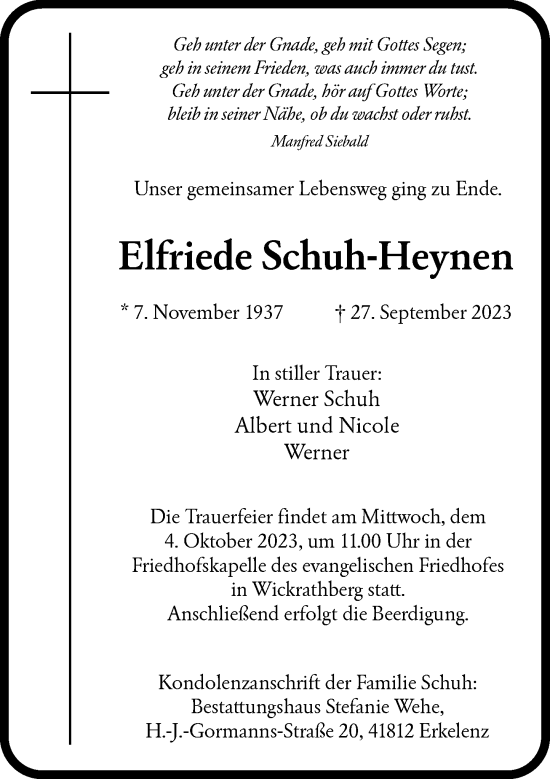 Traueranzeige von Elfriede Schuh-Heynen von Rheinische Post