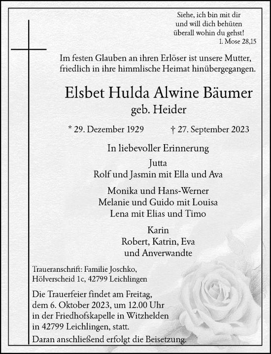 Traueranzeige von Elsbet Hulda Alwine Bäumer von Rheinische Post