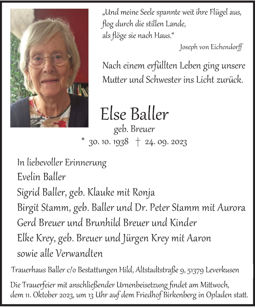  Traueranzeige für Else Baller vom 30.09.2023 aus Rheinische Post