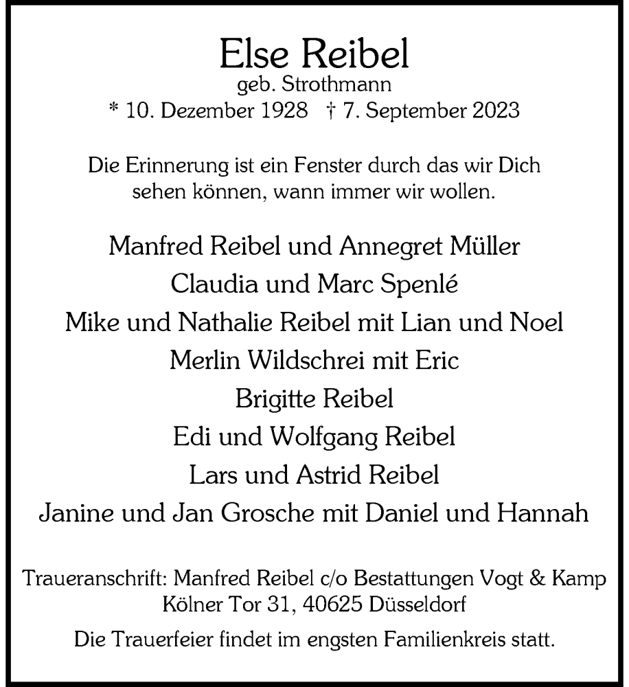  Traueranzeige für Else Reibel vom 16.09.2023 aus Rheinische Post
