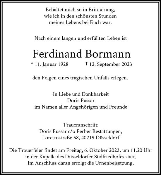 Traueranzeige von Ferdinand Bormann von Rheinische Post
