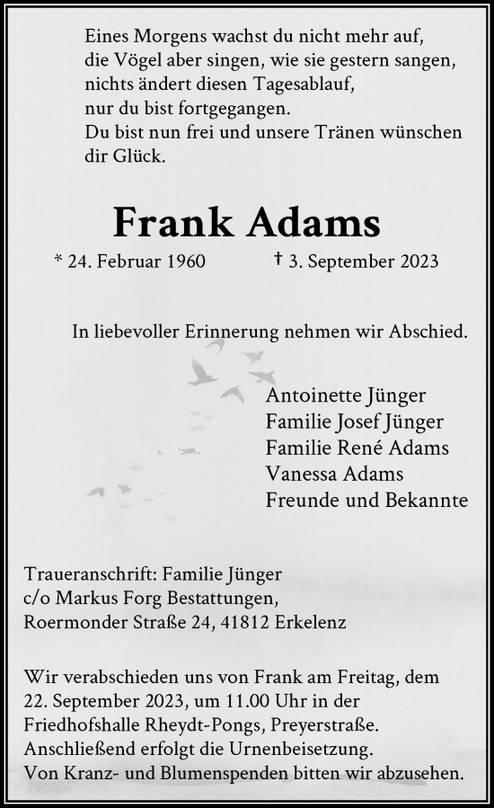Traueranzeige von Frank Adams von Rheinische Post