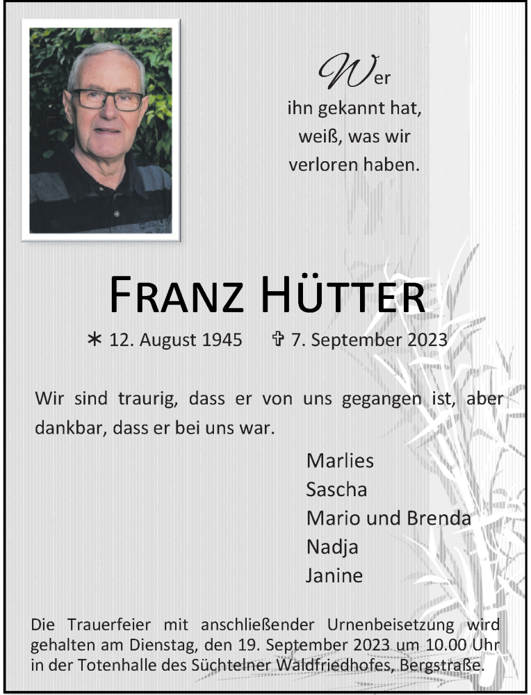  Traueranzeige für Franz Hütter vom 16.09.2023 aus Rheinische Post
