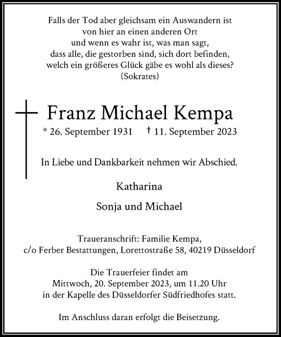 Traueranzeige von Franz Michael Kempa von Rheinische Post