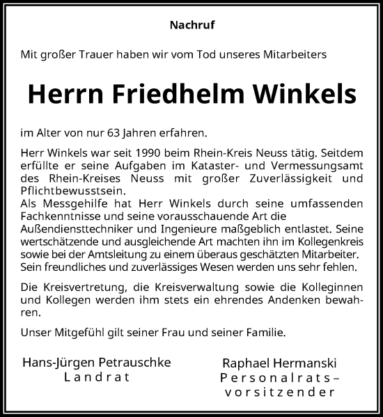Traueranzeige von Friedhelm Winkels von Rheinische Post