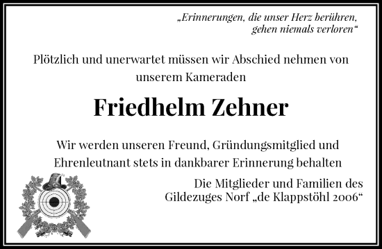 Traueranzeige von Friedhelm Zehner von Rheinische Post