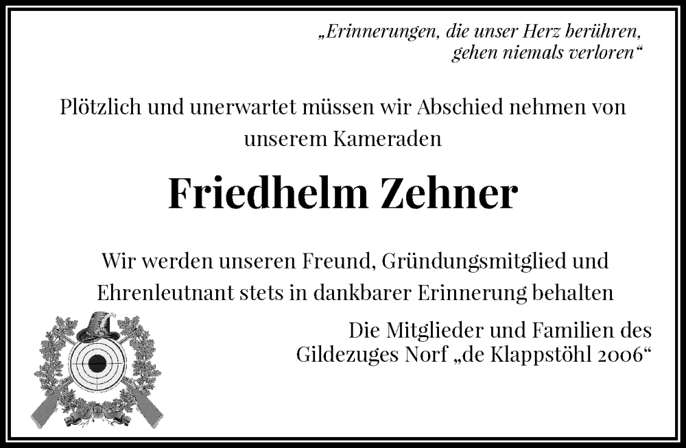  Traueranzeige für Friedhelm Zehner vom 23.09.2023 aus Rheinische Post