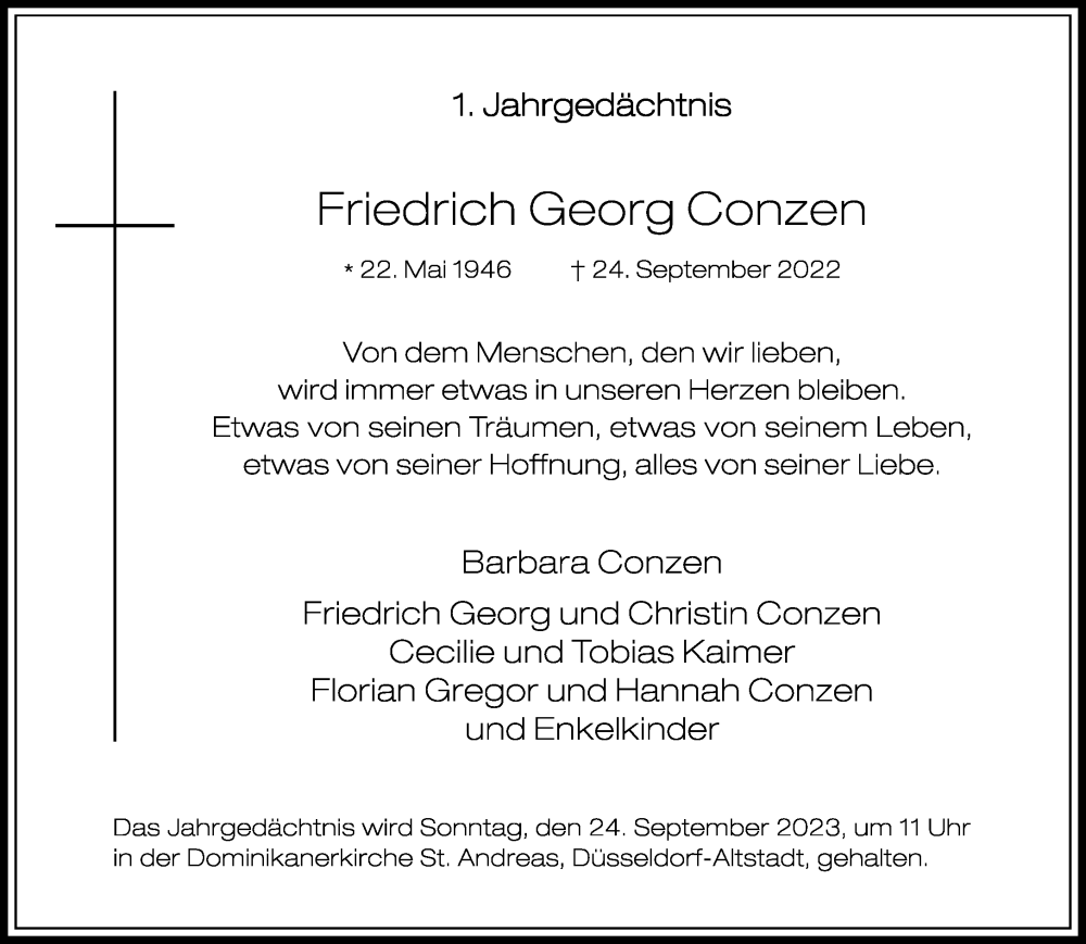  Traueranzeige für Friedrich Georg Conzen vom 16.09.2023 aus Rheinische Post