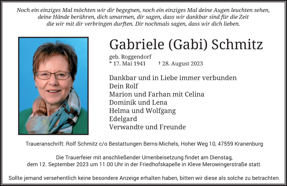  Traueranzeige für Gabriele Schmitz vom 09.09.2023 aus Rheinische Post