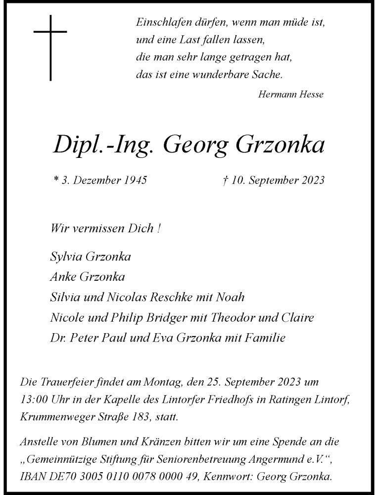 Traueranzeige für Georg Grzonka vom 16.09.2023 aus Rheinische Post