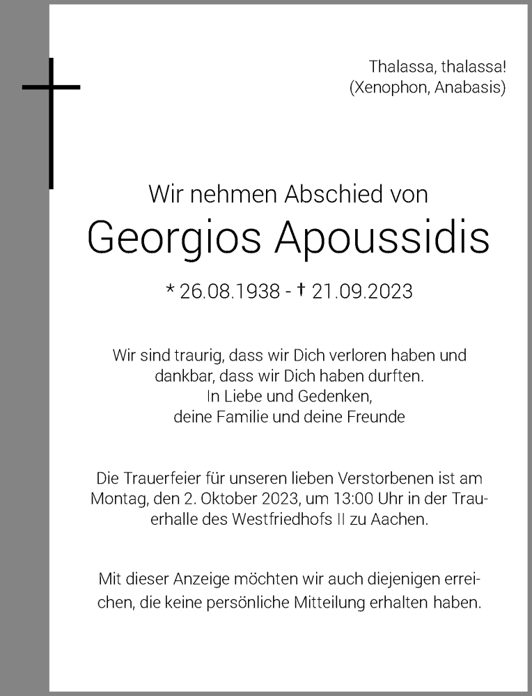  Traueranzeige für Georgios Apoussidis vom 30.09.2023 aus Rheinische Post