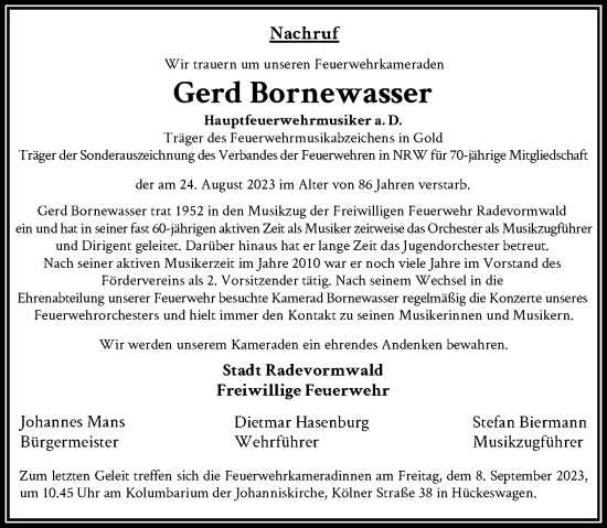 Traueranzeige von Gerd Bornewasser von Rheinische Post