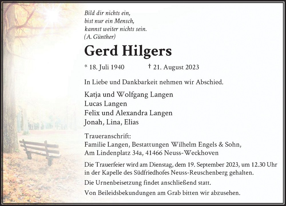  Traueranzeige für Gerd Hilgers vom 16.09.2023 aus Rheinische Post