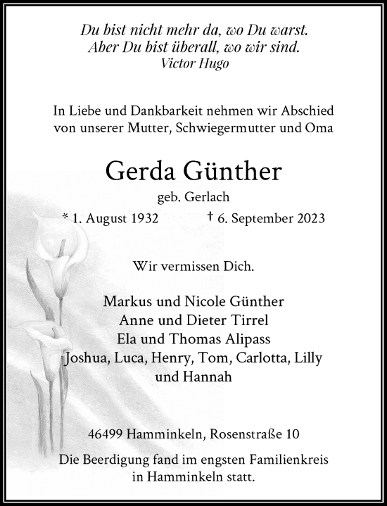 Traueranzeige von Gerda Günther von Rheinische Post