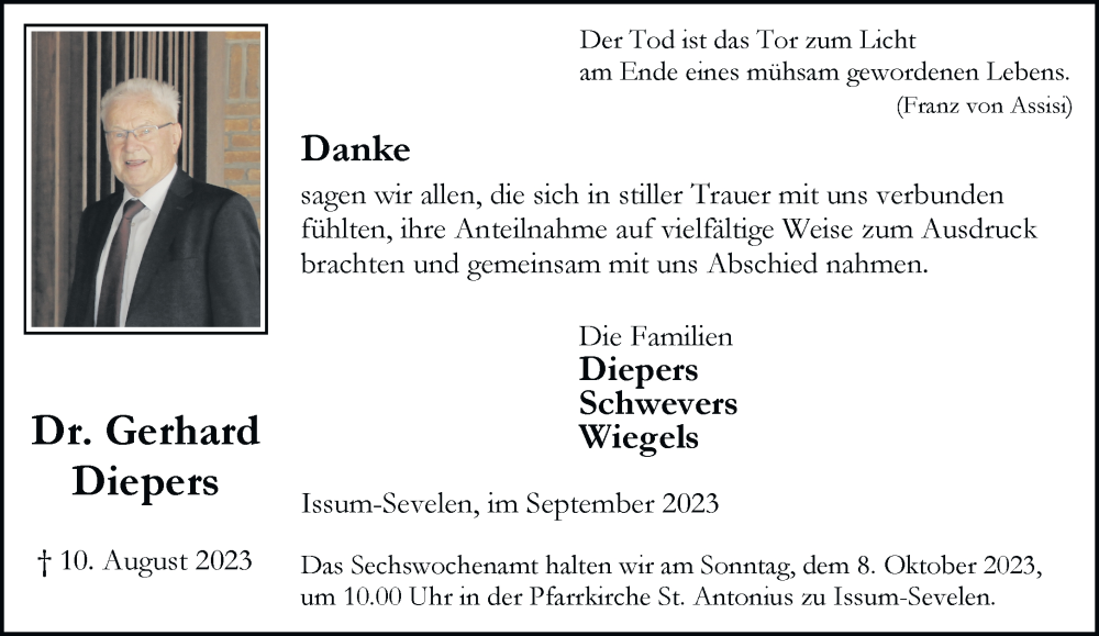  Traueranzeige für Gerhard Diepers vom 30.09.2023 aus Rheinische Post