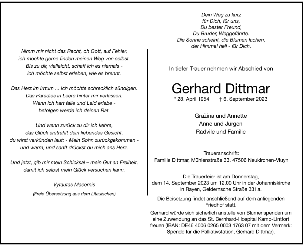  Traueranzeige für Gerhard Dittmar vom 09.09.2023 aus Rheinische Post