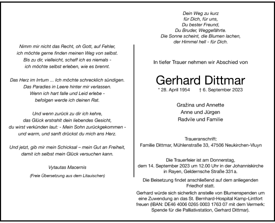 Traueranzeige von Gerhard Dittmar von Rheinische Post