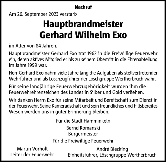 Traueranzeige von Gerhard Wilhelm Exo von Rheinische Post