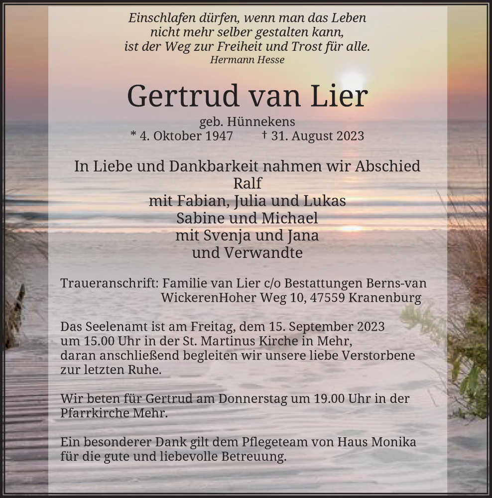  Traueranzeige für Gertrud van Lier vom 09.09.2023 aus Rheinische Post