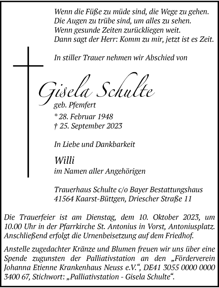  Traueranzeige für Gisela Schulte vom 30.09.2023 aus Rheinische Post