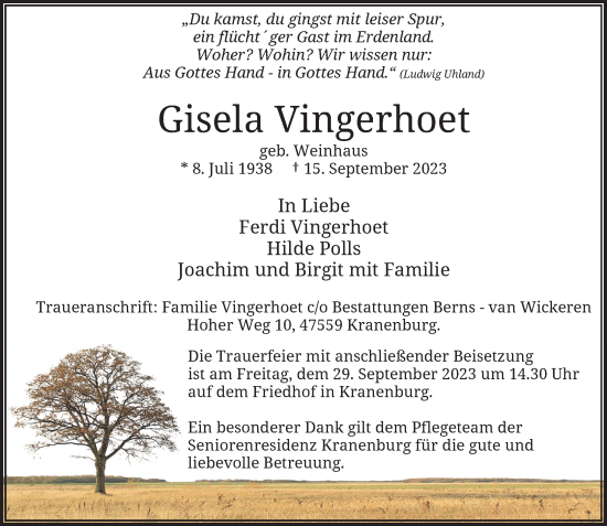 Traueranzeige von Gisela Vingerhoet von Rheinische Post