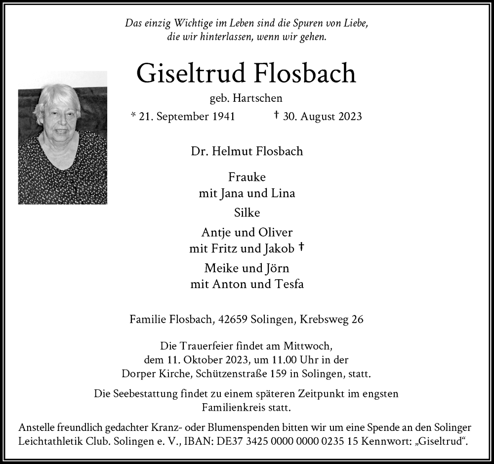  Traueranzeige für Giseltrud Flosbach vom 09.09.2023 aus Rheinische Post