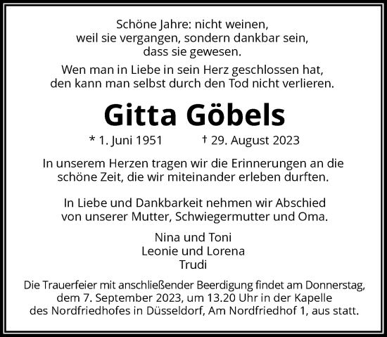 Traueranzeige von Gitta Göbels von Rheinische Post