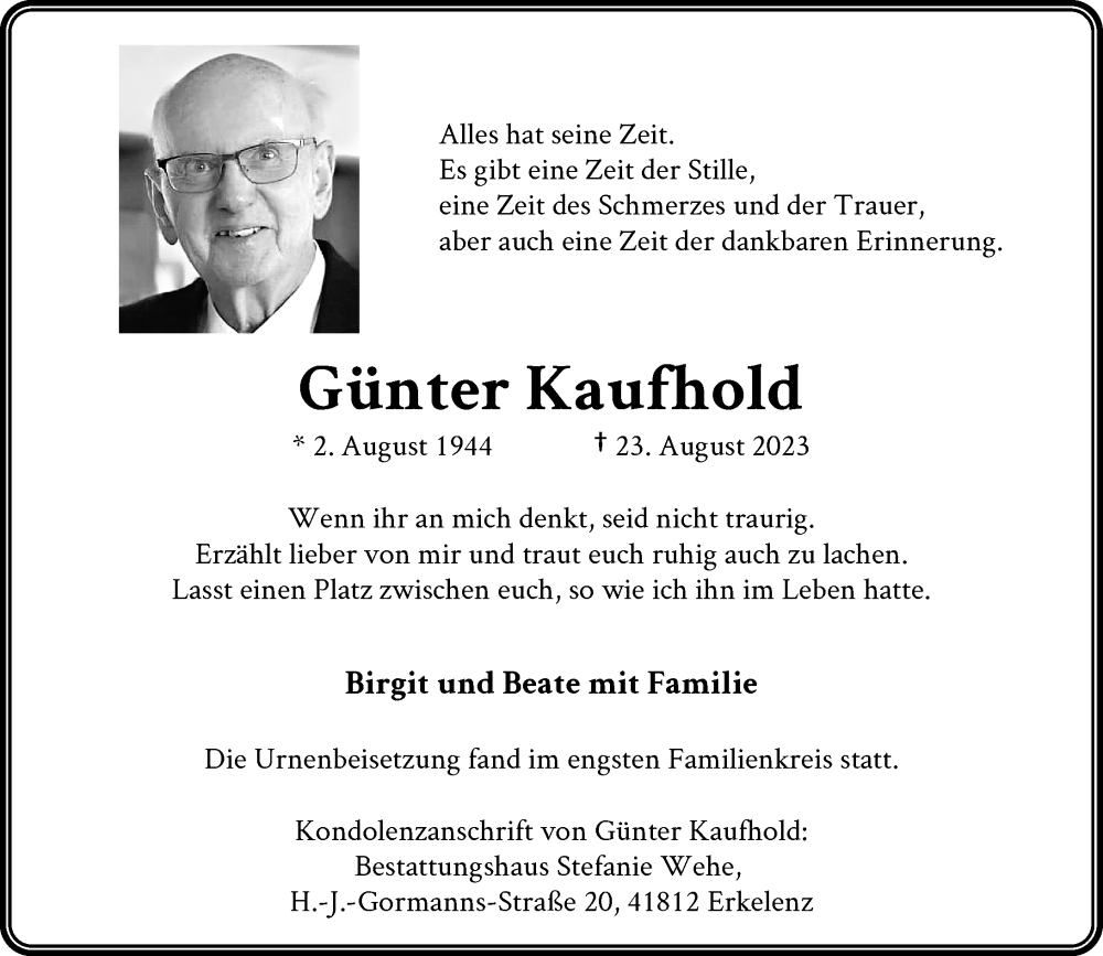  Traueranzeige für Günter Kaufhold vom 09.09.2023 aus Rheinische Post