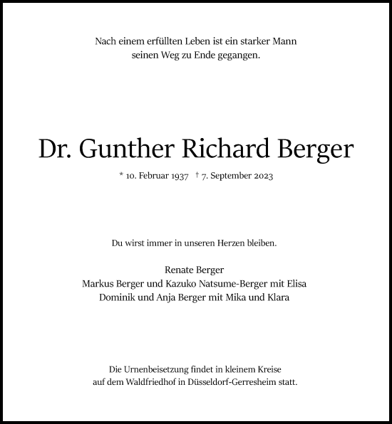 Traueranzeige von Gunther Richard Berger von Rheinische Post