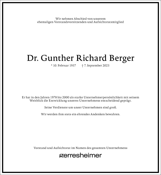 Traueranzeige von Gunther Richard Berger von Rheinische Post