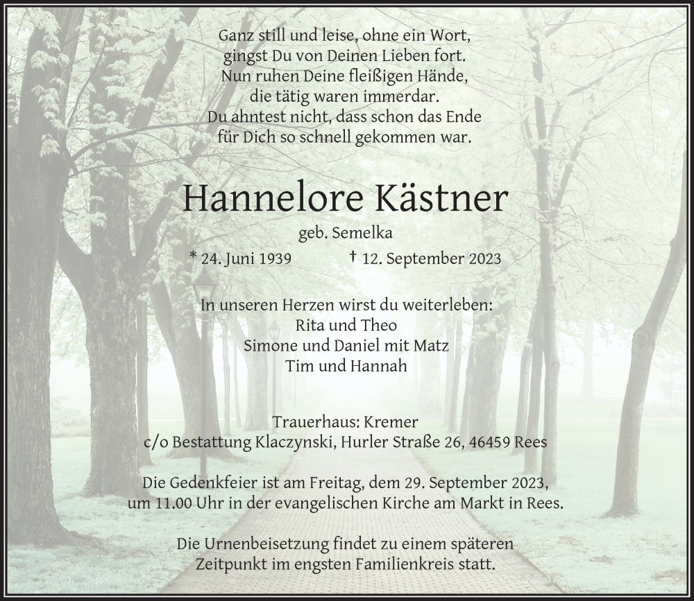  Traueranzeige für Hannelore Kästner vom 20.09.2023 aus Rheinische Post